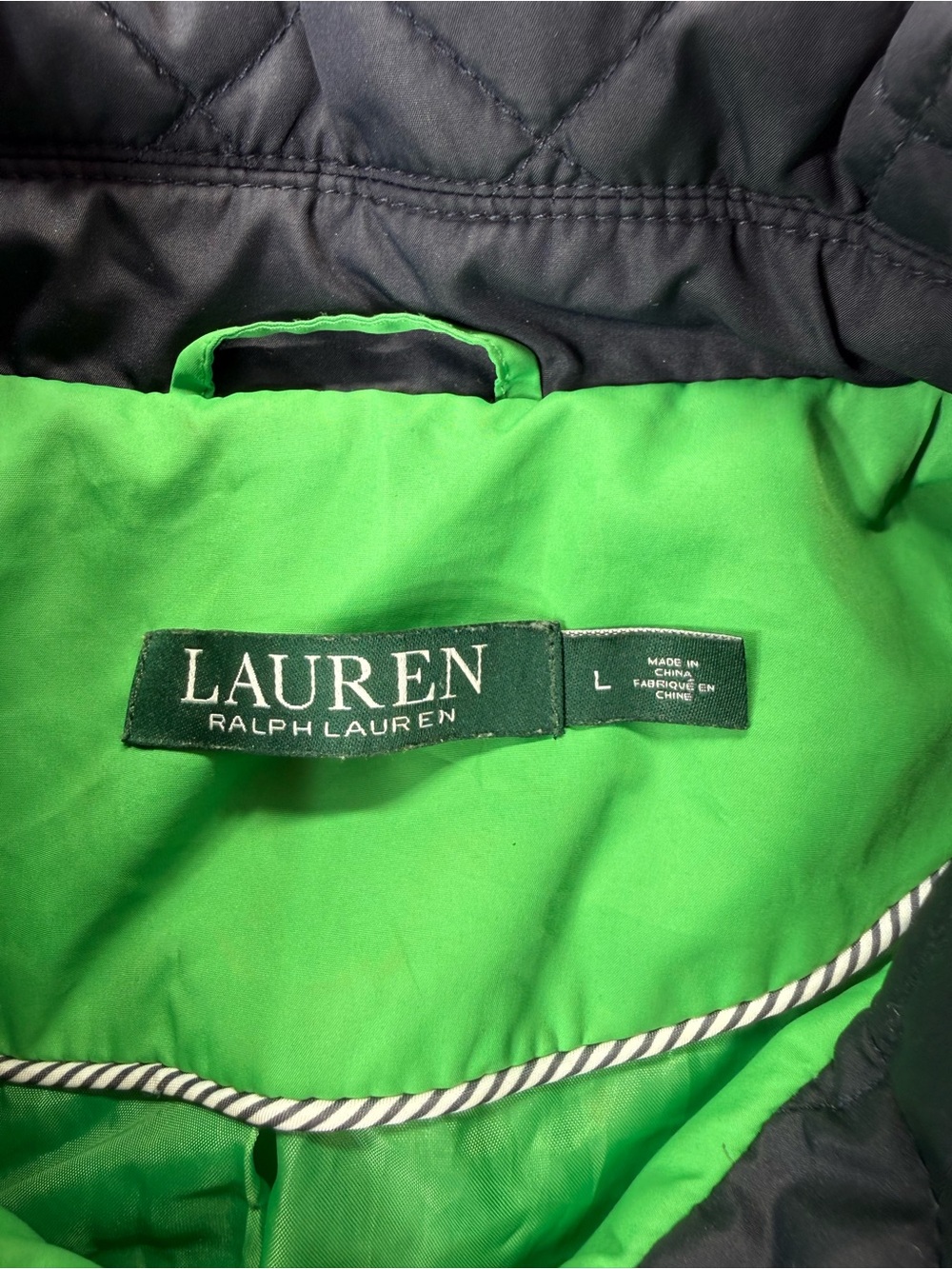 Lauren Ralph Lauren Women’s Large Black Quilted Jacket Green Lining Gold Snap - Picture 9 of 13